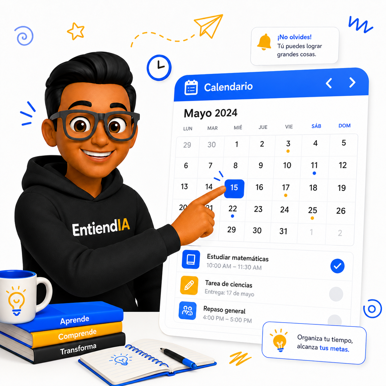 Personaje EntiendIA senalando un calendario digital